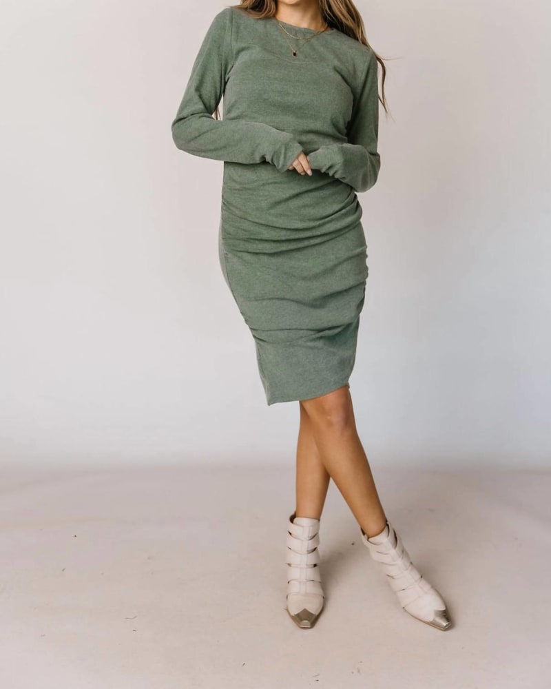 Front of a model wearing a size 2XL Better Than Basics Long Sleeve Dress In Rosemary in Rosemary by AMPERSAND AVE. | dia_product_style_image_id:346573
